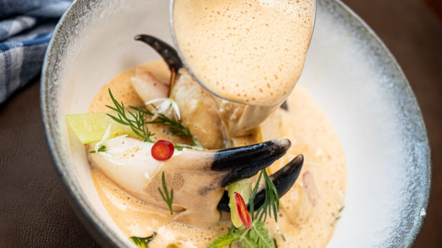Strandkrabbe Bouillabaisse med Krabbeklør, Fennikel og Rouille
